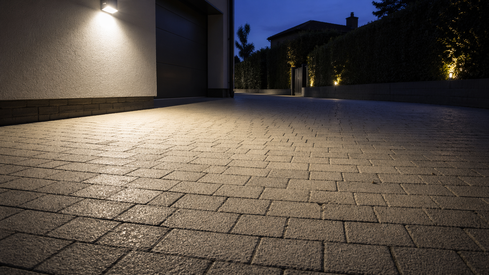 Security floodlighting illuminating driveway surface with controlled wide beam and gradual light fall-off at night
