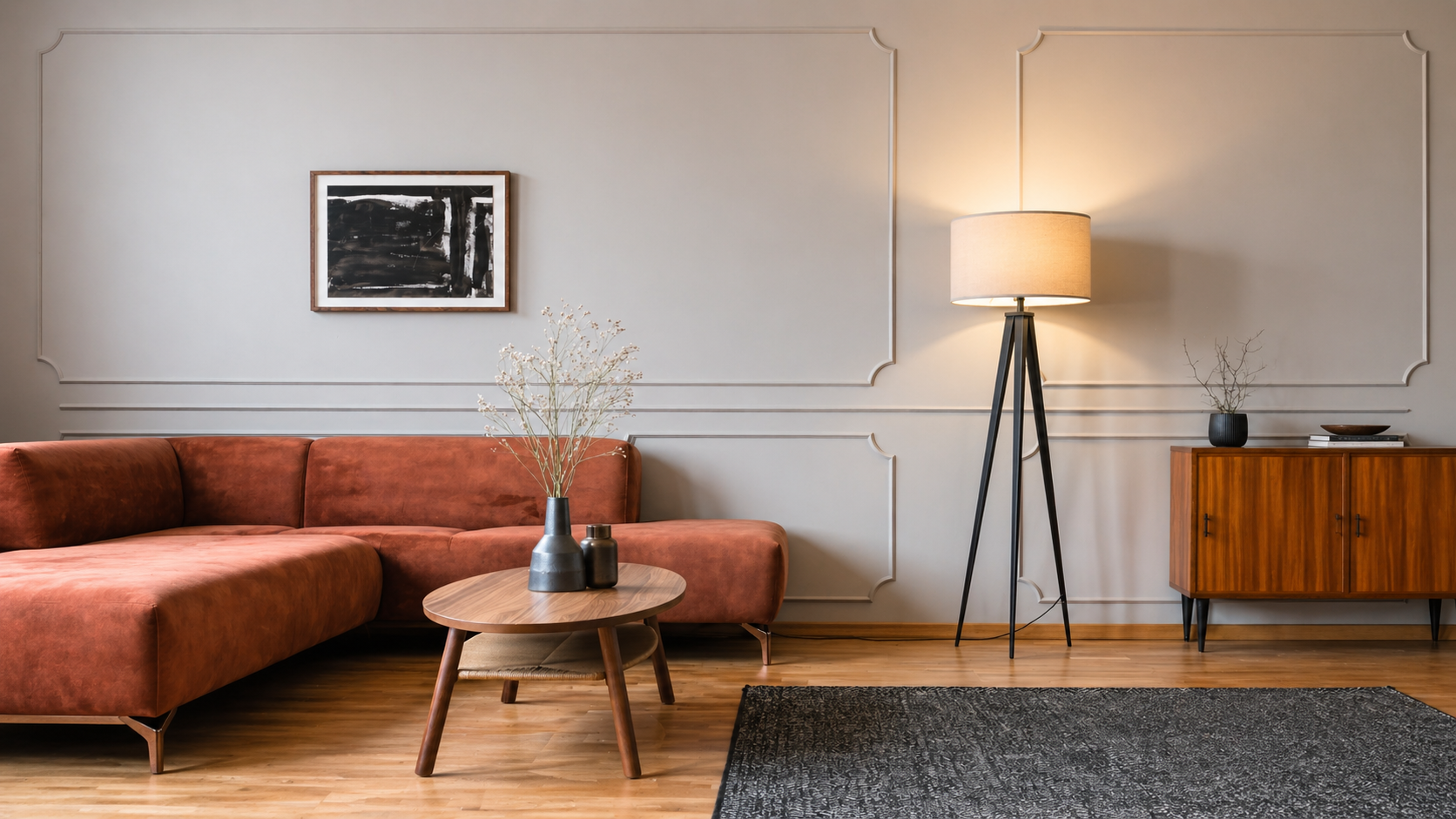 Floor lamp providing soft ambient lighting in a modern living room interior