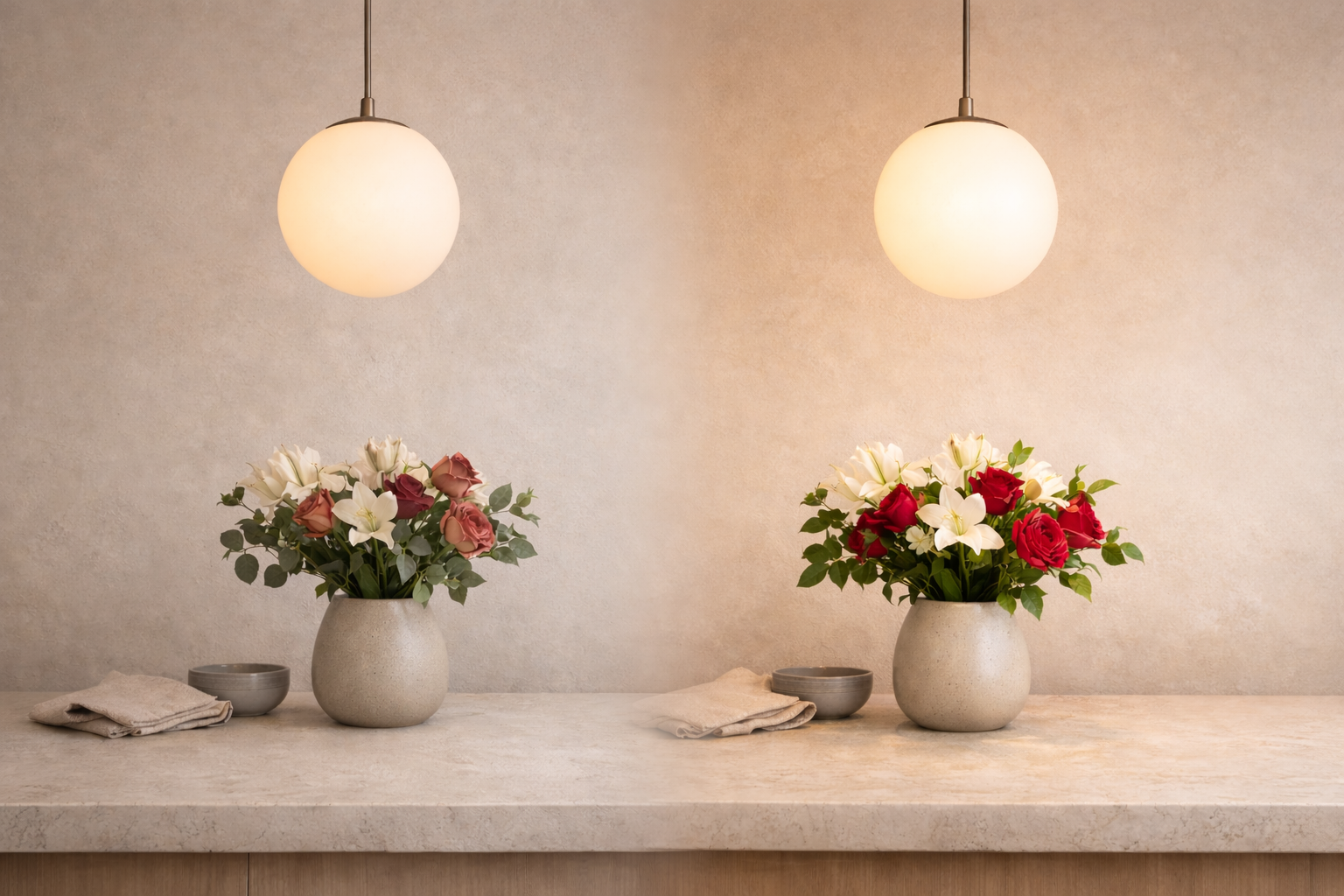 Comparison of low CRI vs high CRI lighting at the same 3000K colour temperature, showing differences in colour accuracy and vibrancy in a modern interior scene