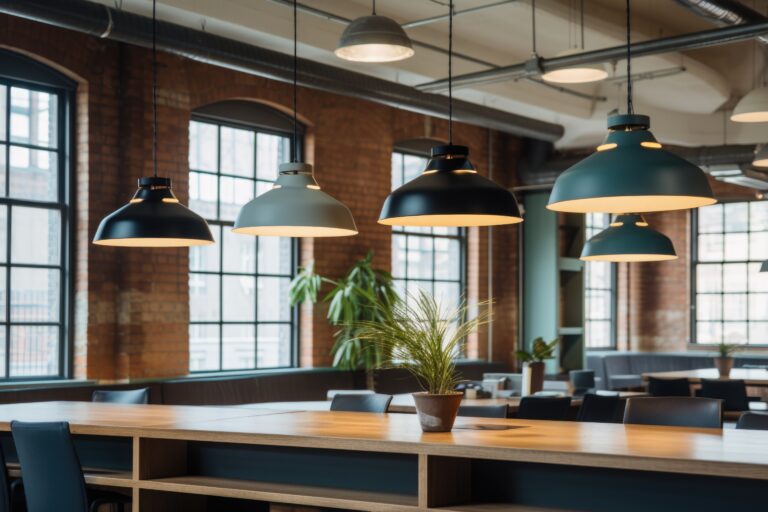 Multiple pendant lights suspended above a large table in a modern commercial interior, demonstrating scale, spacing and even light distribution
