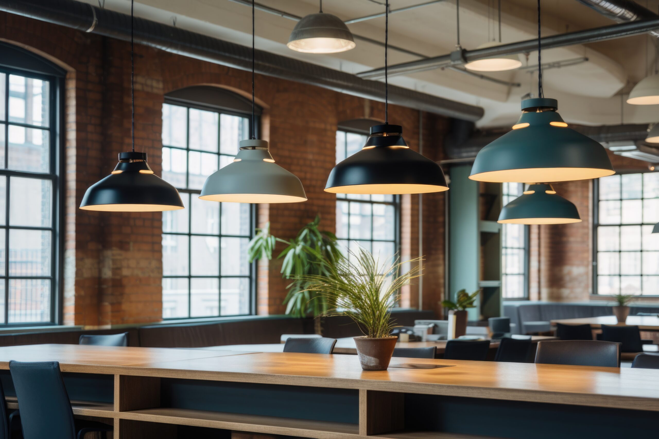 Multiple pendant lights suspended above a large table in a modern commercial interior, demonstrating scale, spacing and even light distribution