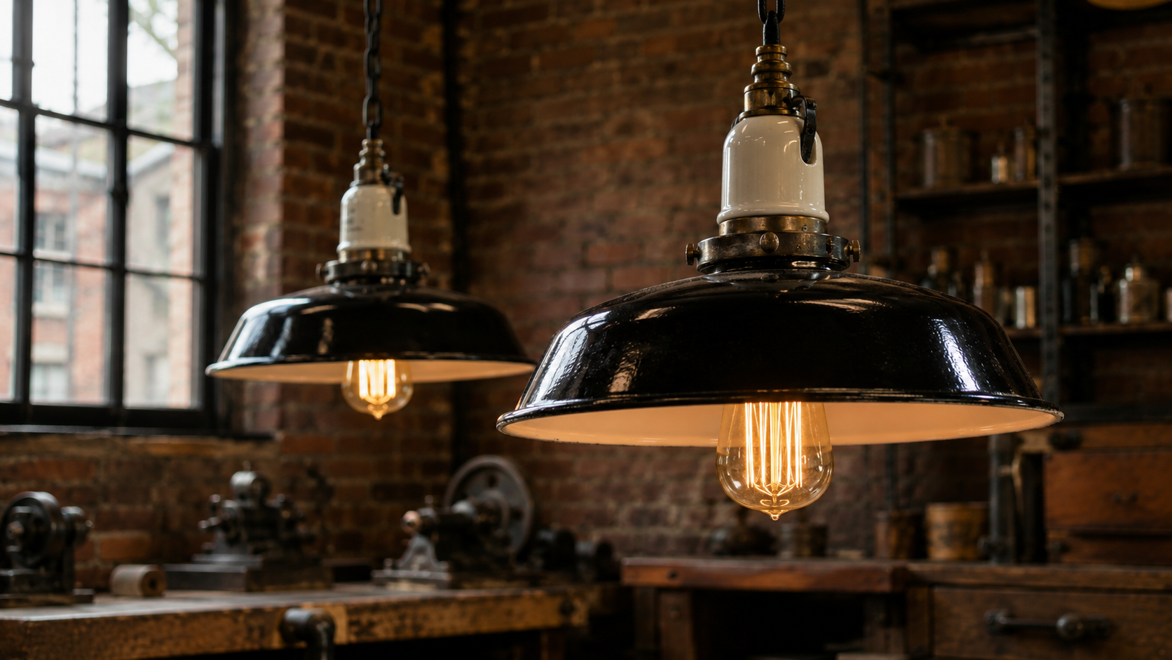 Close-up of vintage industrial enamel pendant lights with exposed filament bulbs in a reclaimed workshop interior