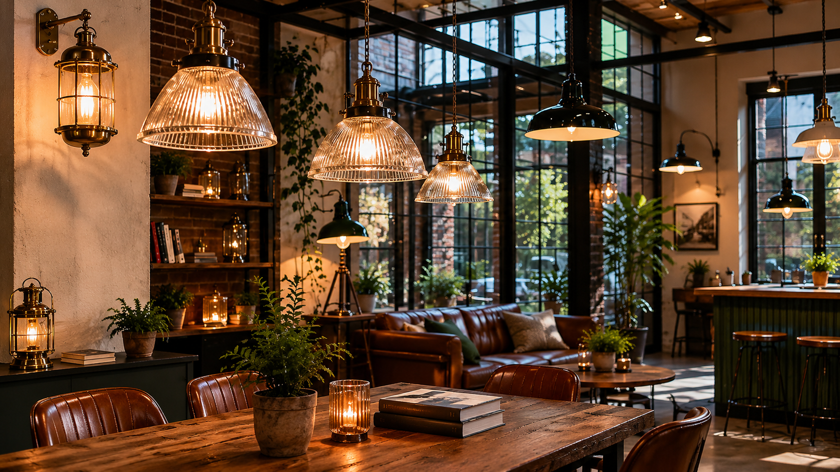 Modern industrial-style café interior with prismatic glass pendant lights, enamel shades, brass lantern details and warm heritage-inspired lighting