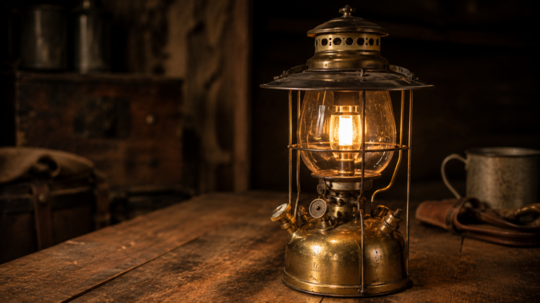 Close-up of a vintage brass pressure lantern with warm illuminated glow on a rustic wooden table