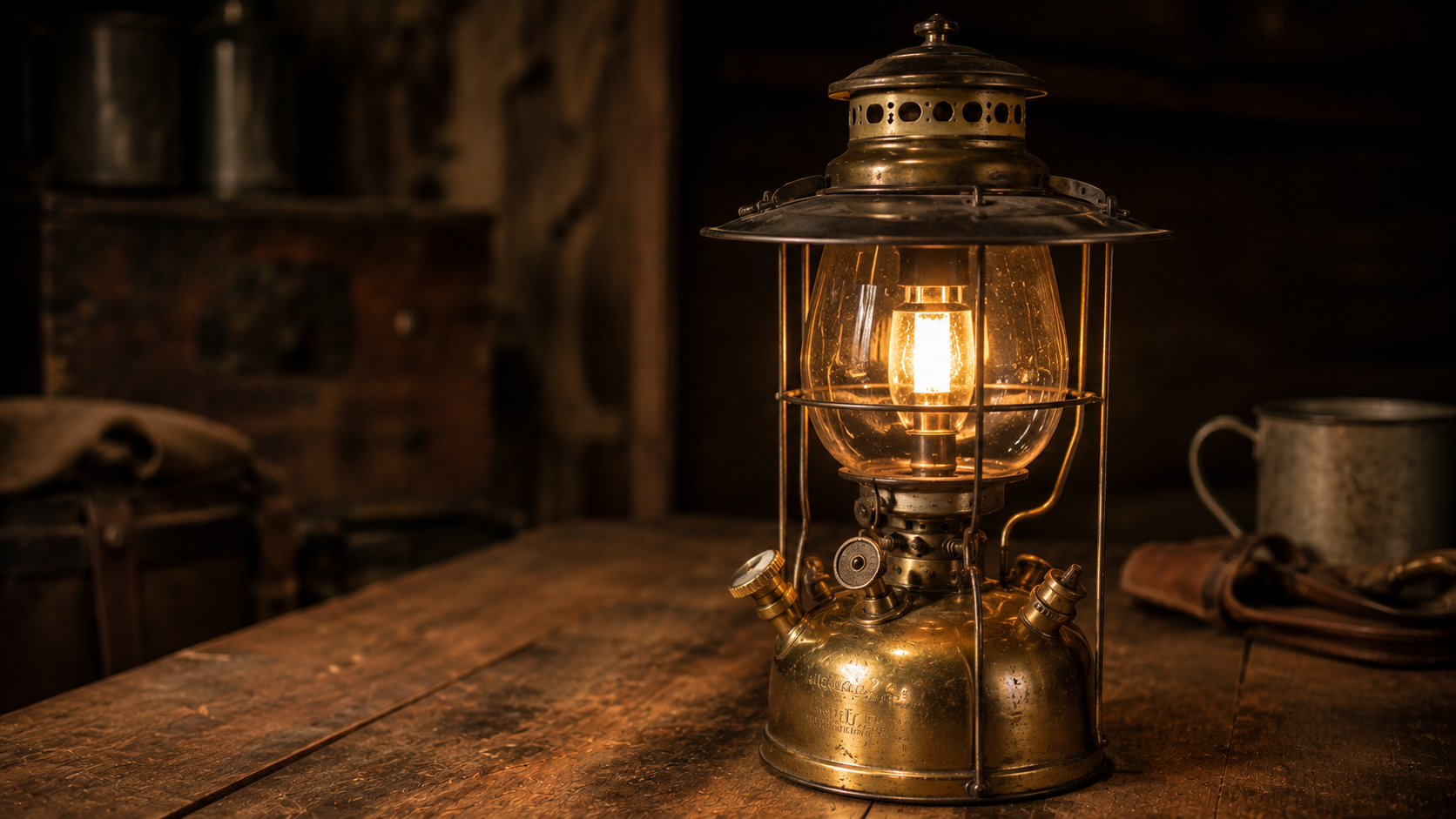 Close-up of a vintage brass pressure lantern with warm illuminated glow on a rustic wooden table