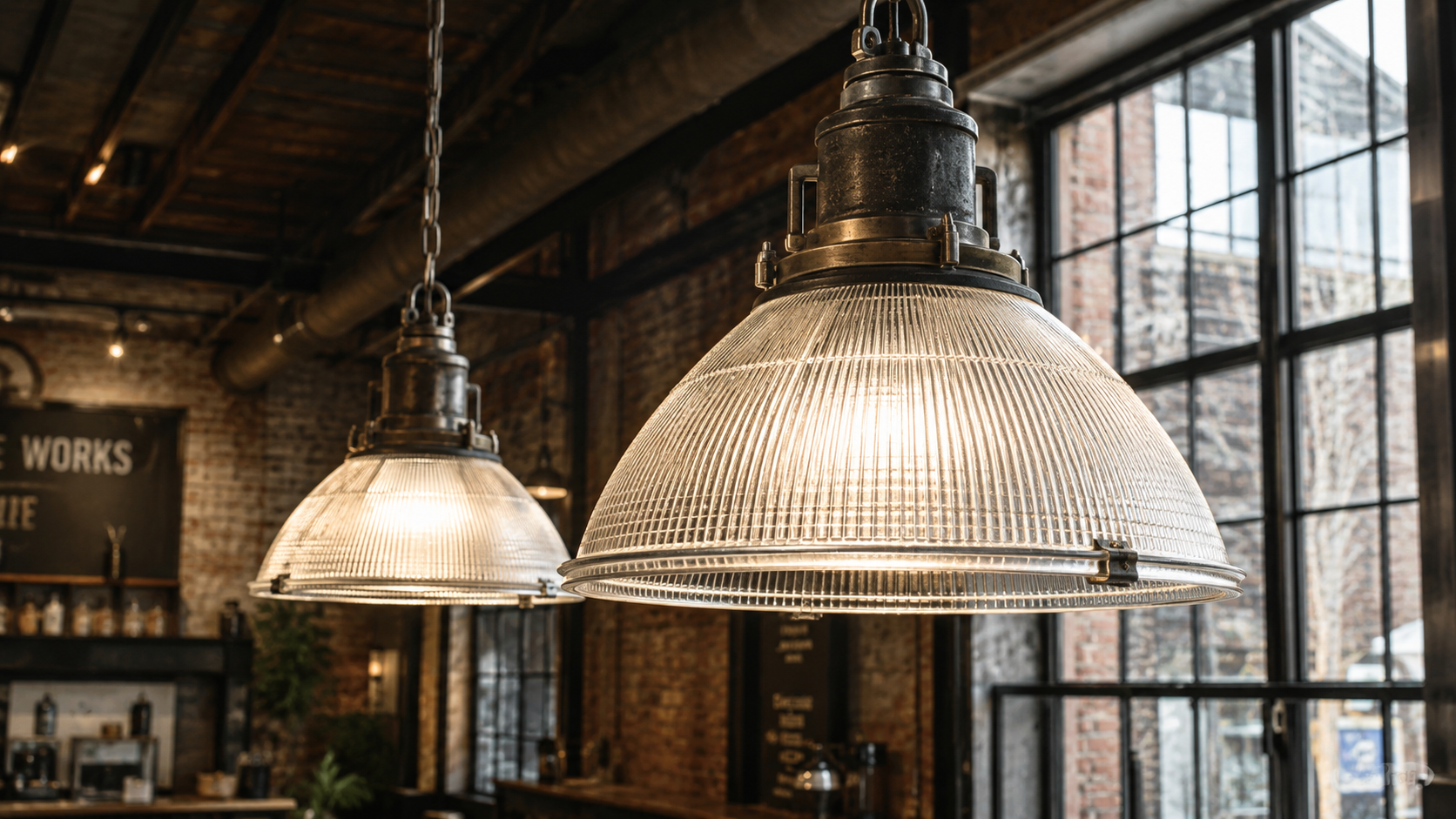 Close-up of industrial prismatic glass pendant lights inspired by vintage Holophane lighting design in a reclaimed warehouse interior