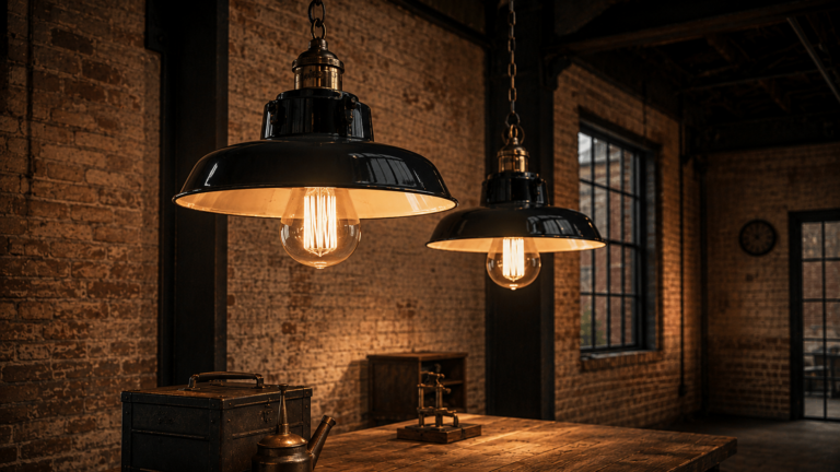 Industrial-style interior with enamel pendant lights and exposed filament bulbs inspired by historic Crompton electrical lighting