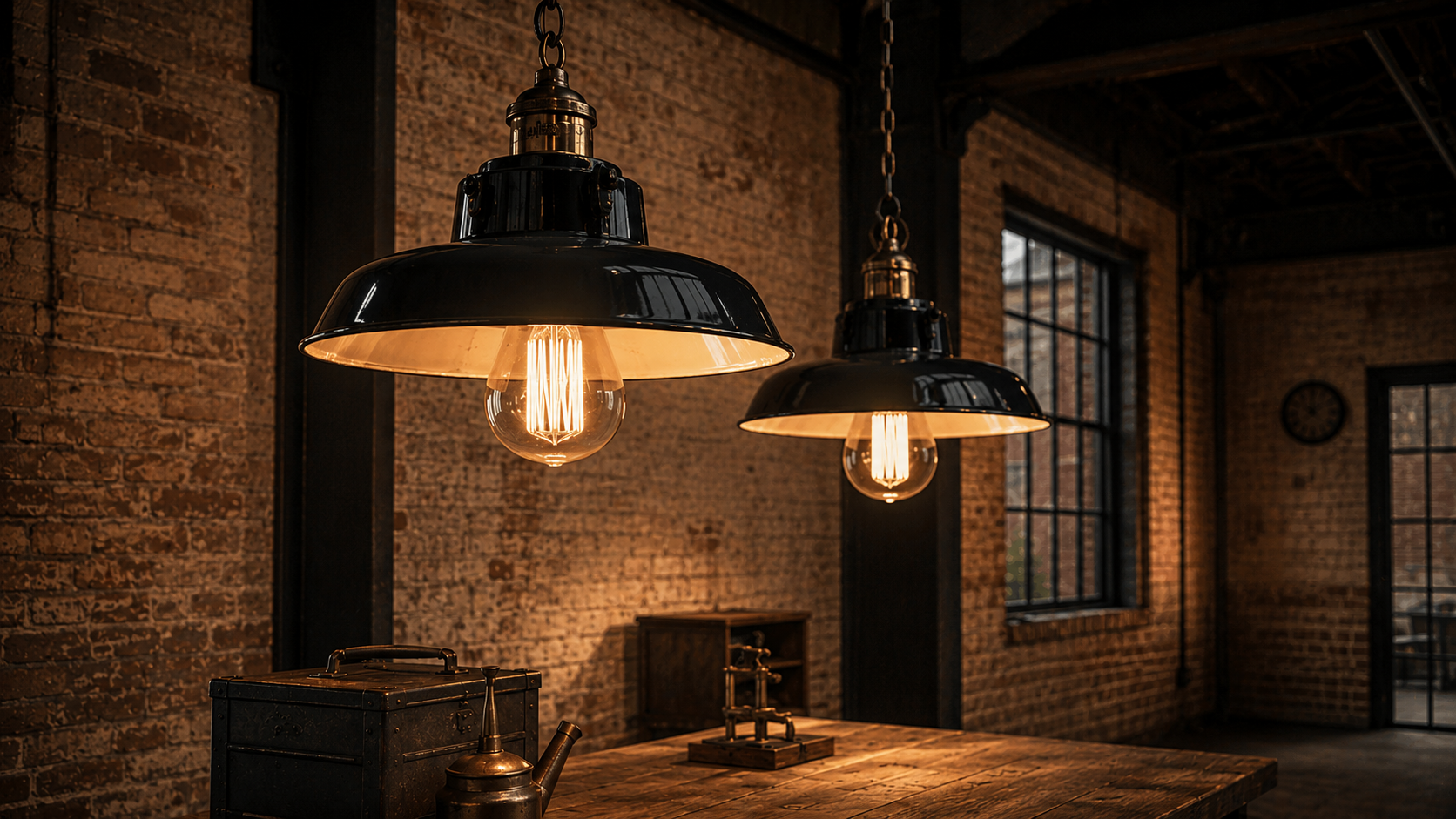 Industrial-style interior with enamel pendant lights and exposed filament bulbs inspired by historic Crompton electrical lighting