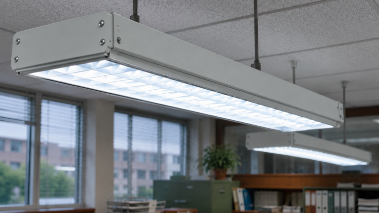 Close-up of vintage-style suspended fluorescent lighting in a retro commercial office inspired by Thorn Lighting designs