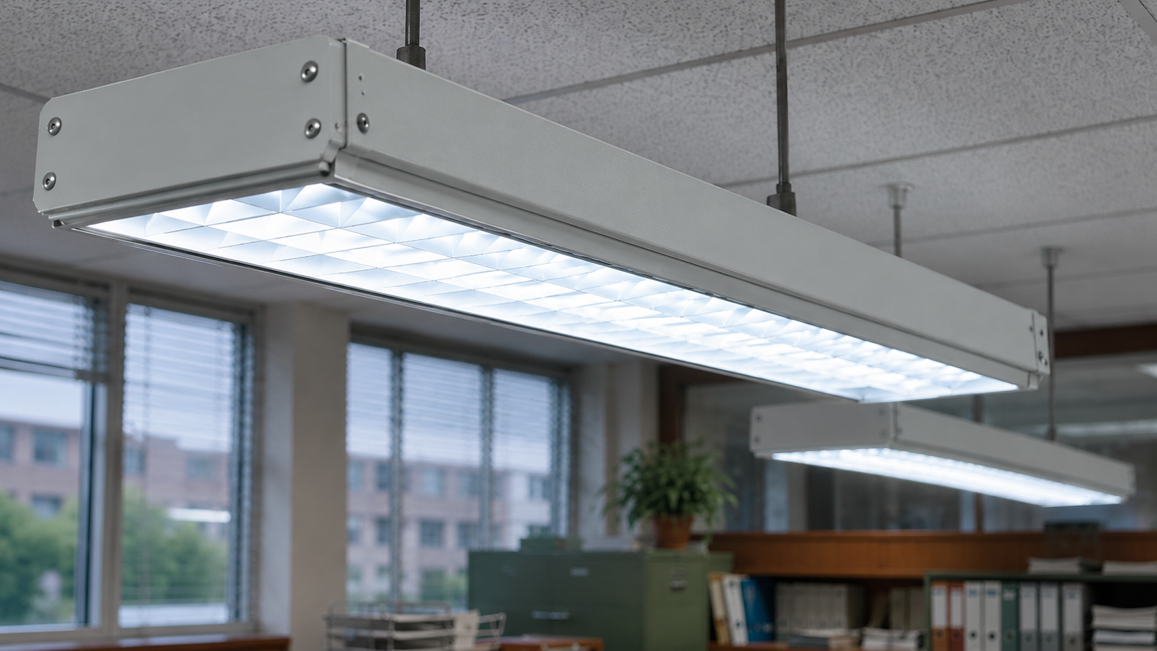 Close-up of vintage-style suspended fluorescent lighting in a retro commercial office inspired by Thorn Lighting designs
