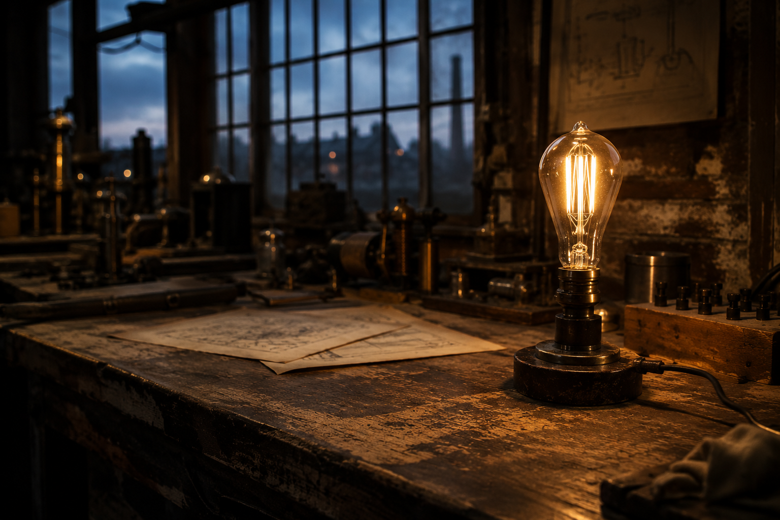 Early tungsten filament light bulb glowing in a historic electrical workshop associated with the rise of Mazda Lamps and electric lighting.