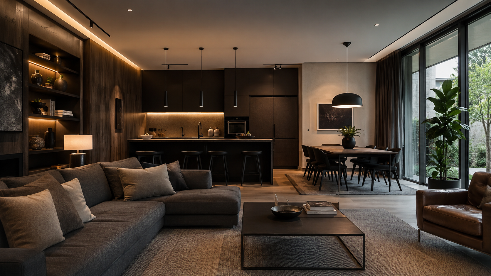 Open-plan contemporary home featuring industrial-inspired lighting with layered ambient, task and accent illumination across the living room, kitchen and dining area.