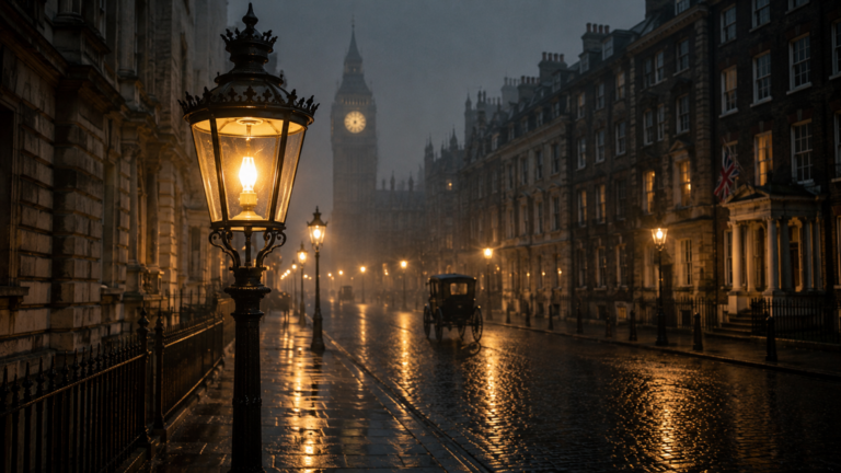 Historic street lamp illuminating a Victorian London street at dusk, representing the evolution of lighting technology.