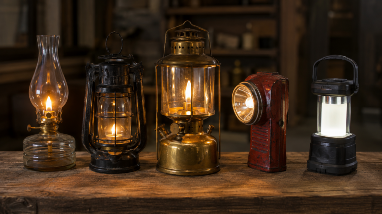Historic portable lighting technologies including an oil lamp, hurricane lantern, pressure lantern, vintage electric torch and modern LED lantern arranged chronologically.