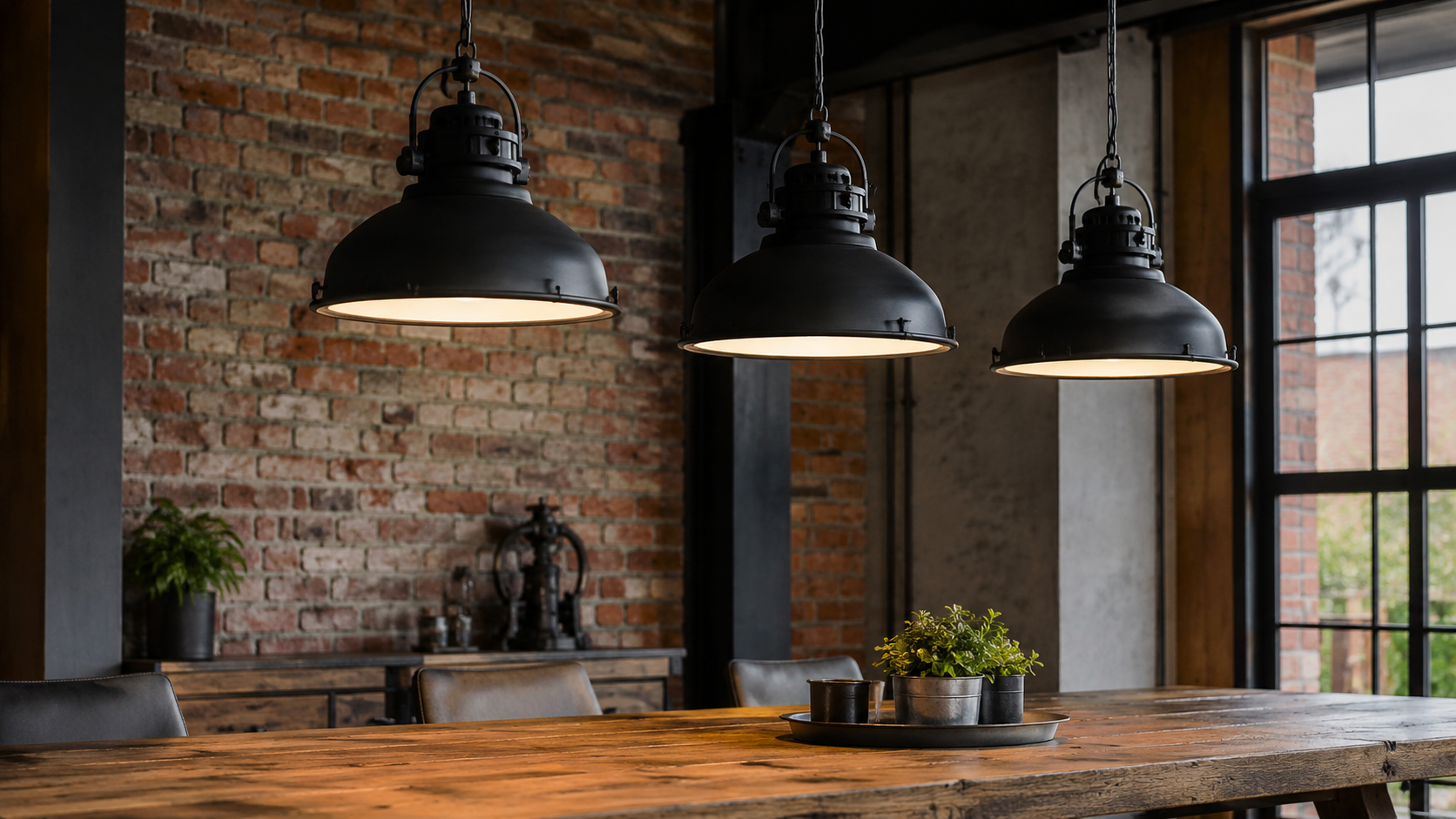 Three industrial pendant lights with black metal shades suspended above a wooden dining table in a loft-style interior.