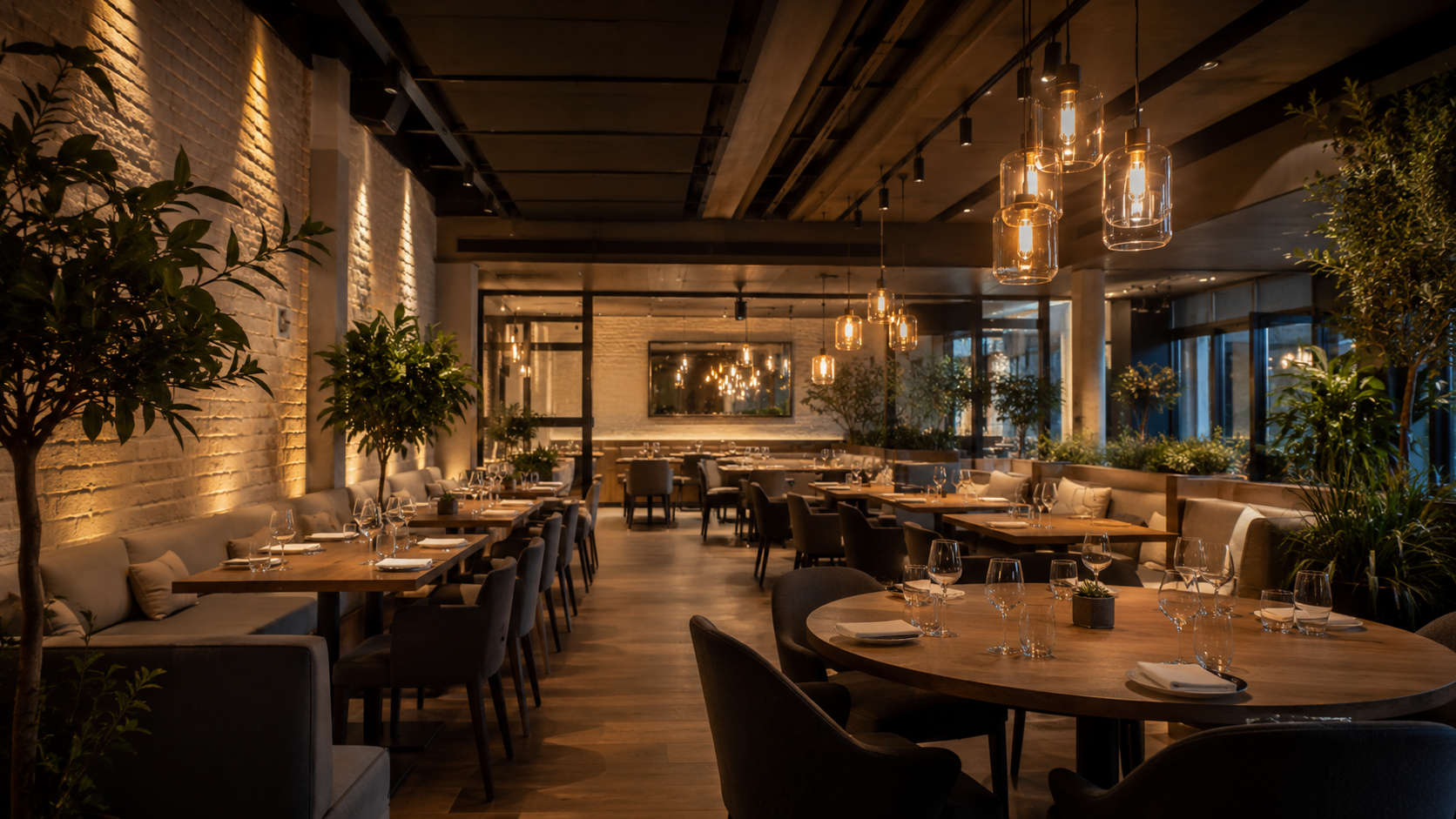 Modern restaurant interior illuminated by warm pendant lights, ambient lighting and architectural accent lighting creating an inviting dining atmosphere.