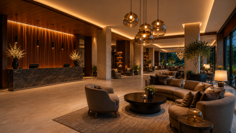 Contemporary hotel lobby featuring layered hospitality lighting, decorative pendant lights, reception desk, lounge seating and warm ambient illumination designed to enhance guest comfort.