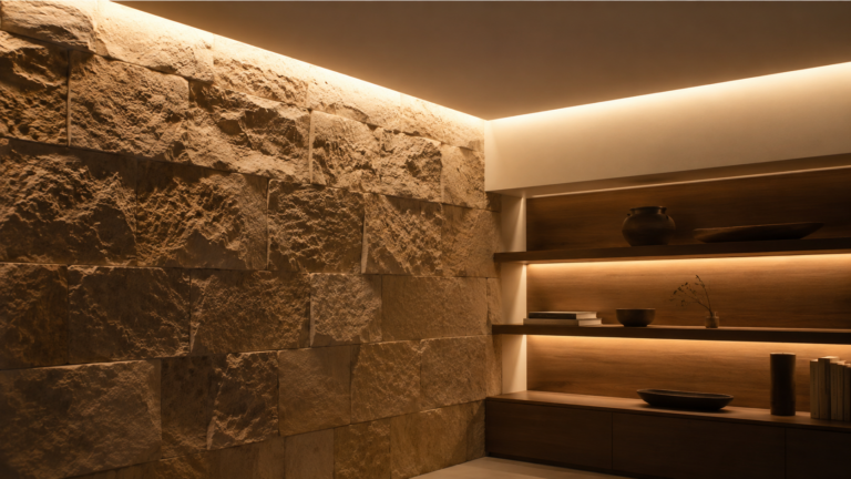 Indirect LED cove lighting and illuminated shelving creating soft shadows that reveal the texture of a natural stone feature wall.