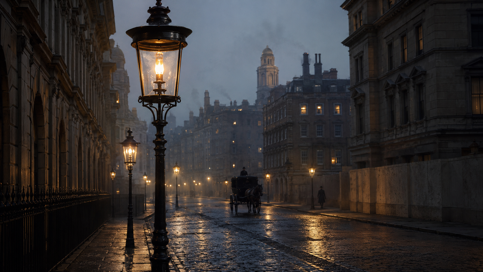 Victorian London street at dusk illuminated by Welsbach gas mantle lanterns, with warm light reflecting on wet cobbled roads, historic architecture, subtle fog and a horse-drawn carriage in the distance.