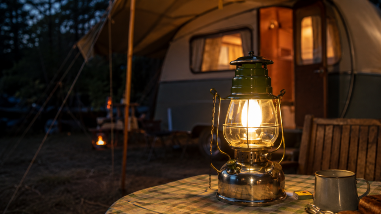 Vintage Veritas pressure lantern illuminating a traditional British caravan campsite at dusk, representing mid-century outdoor lighting heritage.