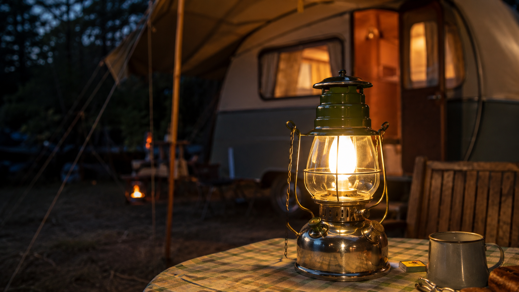 Vintage Veritas pressure lantern illuminating a traditional British caravan campsite at dusk, representing mid-century outdoor lighting heritage.