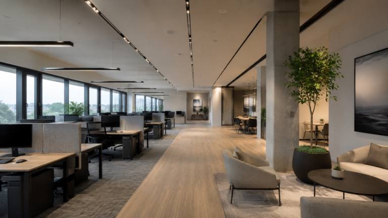 Contemporary open-plan office with linear LED lighting, large windows, collaborative workspaces and integrated planting designed to support productivity and employee wellbeing.
