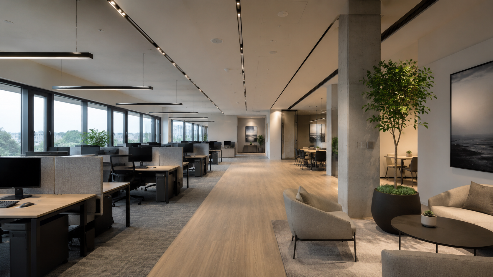 Contemporary open-plan office with linear LED lighting, large windows, collaborative workspaces and integrated planting designed to support productivity and employee wellbeing.