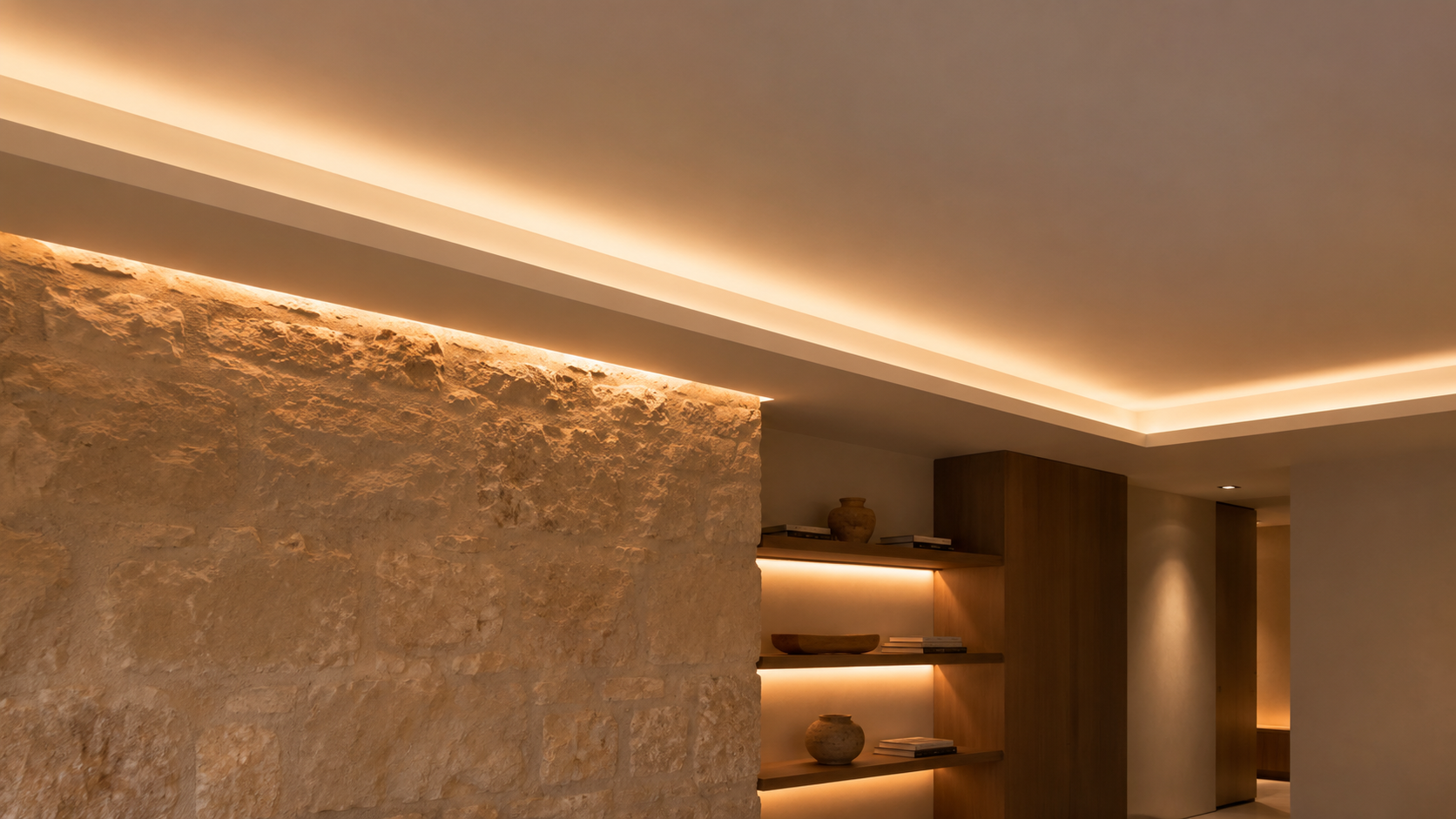 Concealed LED cove lighting softly illuminating a ceiling, textured stone wall and floating timber shelving using indirect lighting techniques.