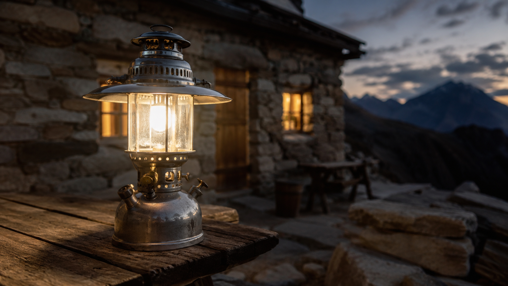 Vintage Petromax pressure lantern illuminating a remote alpine mountain hut at dusk, showcasing historic German pressure lighting technology.