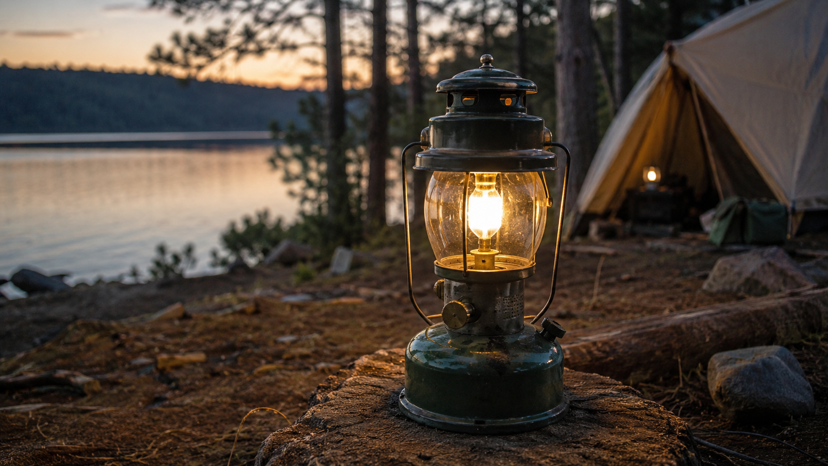 Vintage Coleman lantern illuminating a lakeside campsite at dusk, reflecting the history of portable outdoor lighting