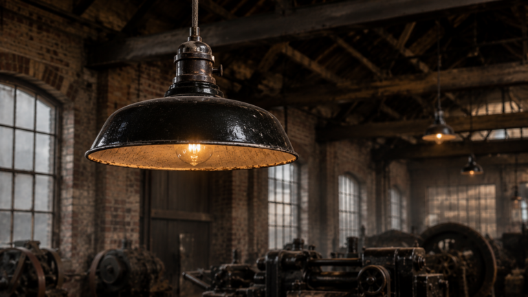 Early twentieth-century factory interior illuminated by an industrial enamel pendant light and incandescent bulb.