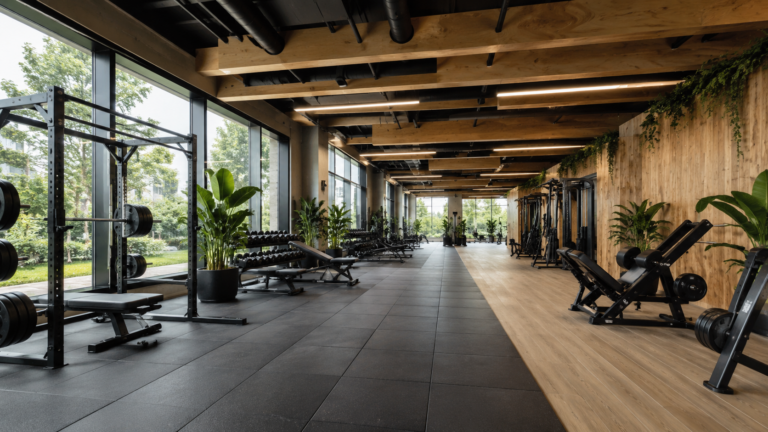 Contemporary gym interior featuring large windows, natural daylight, strength training equipment, indoor planting and linear LED lighting designed to support fitness, wellbeing and visual comfort.