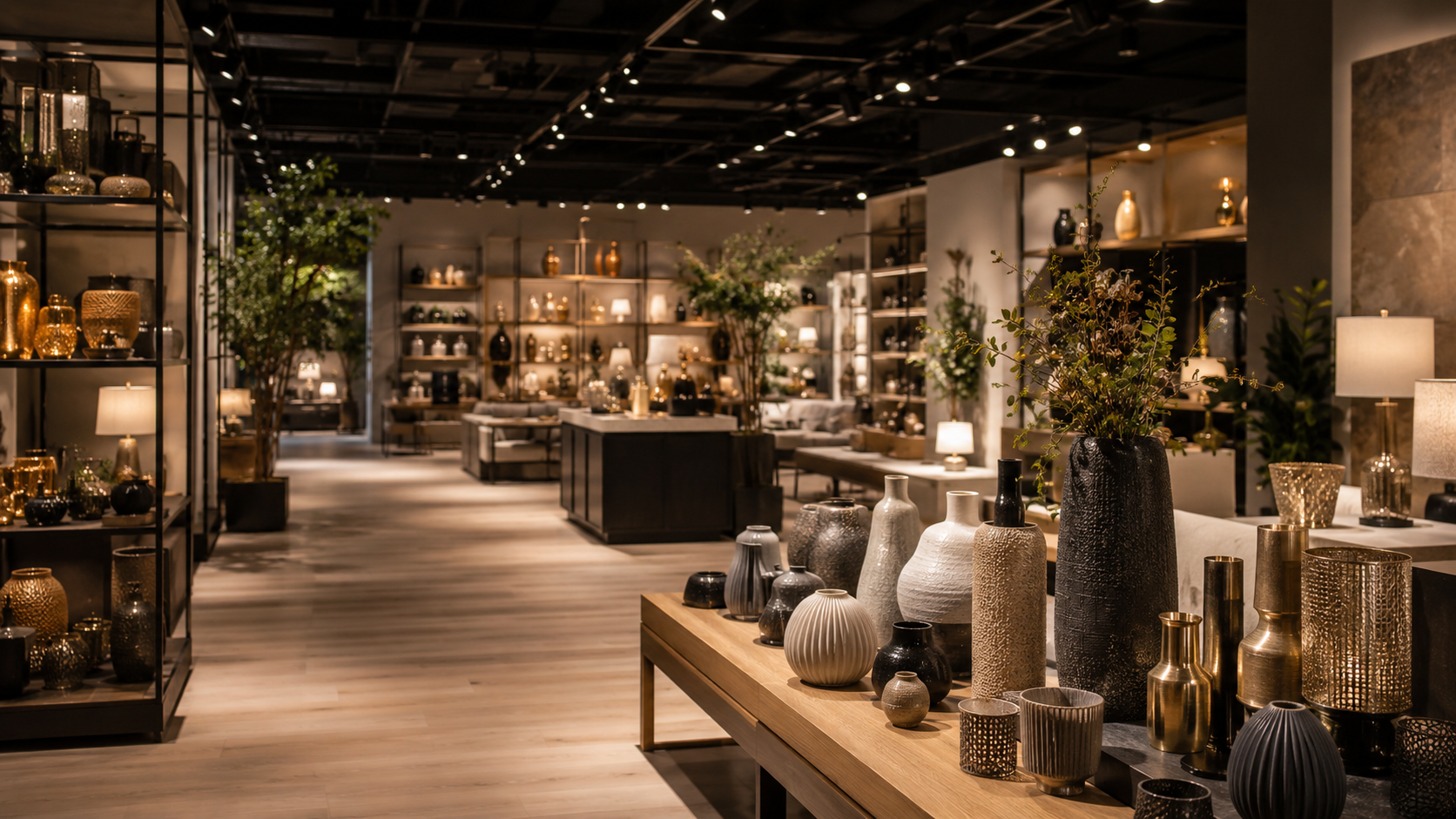 Warm retail lighting highlighting decorative products and displays in a modern home décor showroom.
