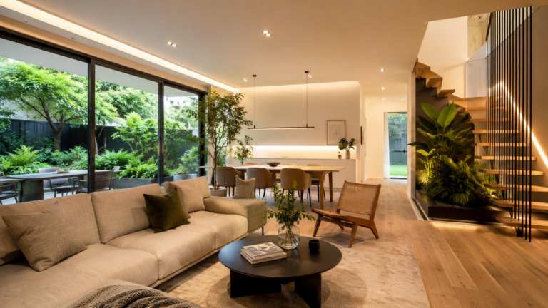 Contemporary living space combining natural daylight, layered LED lighting and biophilic design to support comfort and wellbeing