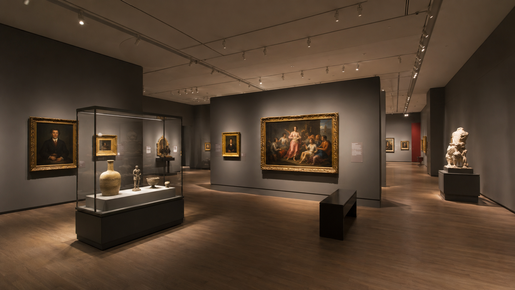 Contemporary museum gallery featuring controlled exhibition lighting, illuminated artworks, display cases and carefully managed ambient lighting designed to protect collections and improve visitor experience.