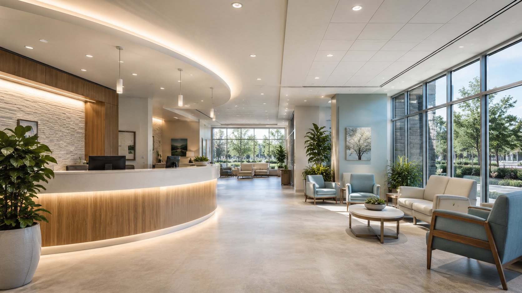 Modern healthcare reception and waiting area with balanced LED lighting, natural daylight and a patient-focused interior design.