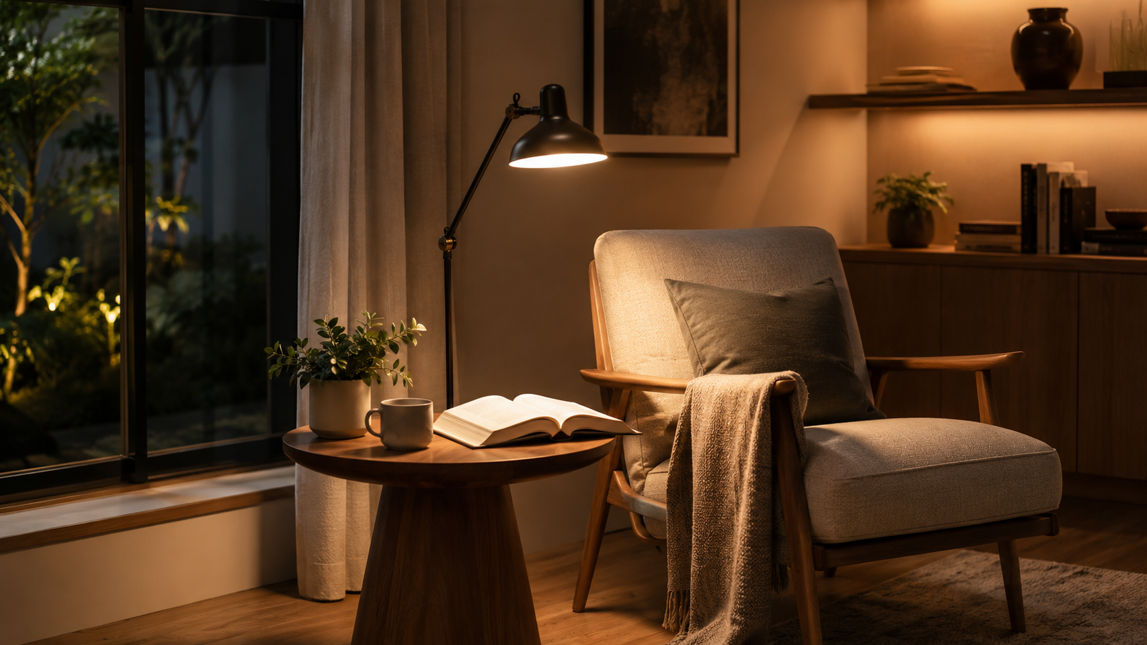 Reading chair illuminated by a task lamp demonstrating comfortable lighting without excessive brightness