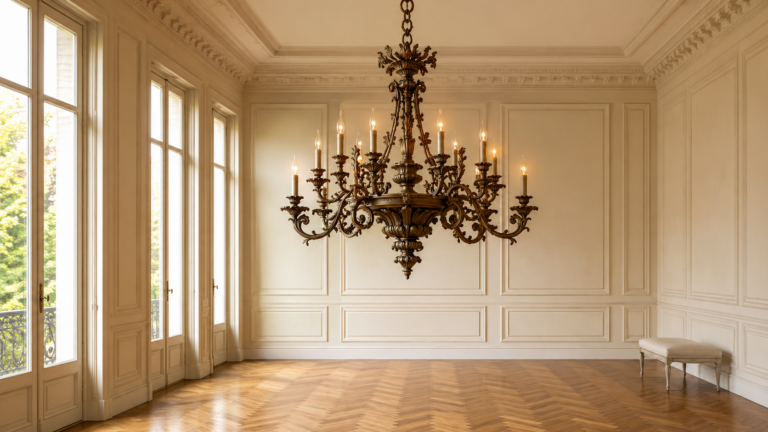 Decorative bronze chandelier suspended in an elegant French salon with classical panelling and parquet flooring.