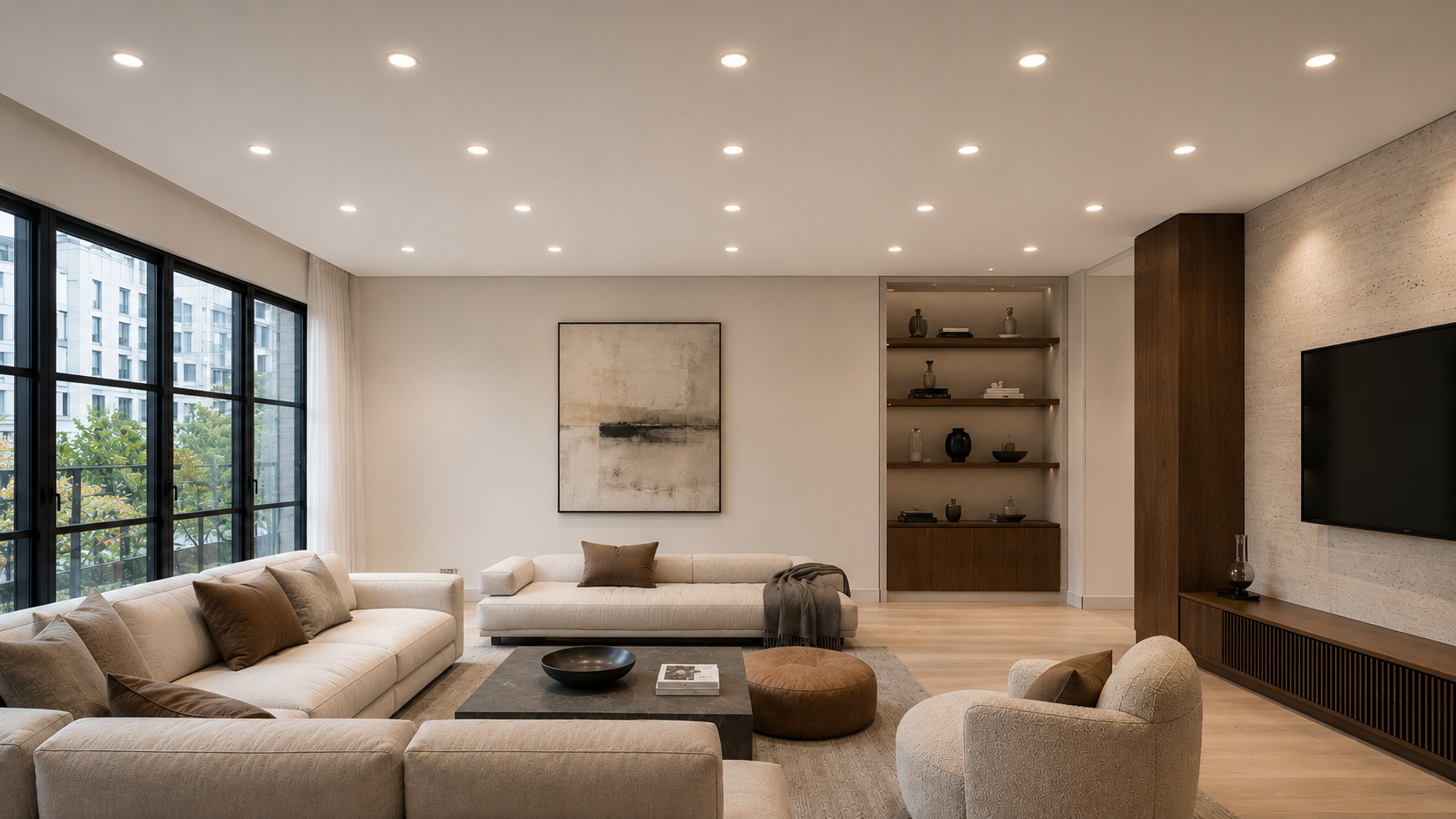 Living room with an excessive number of recessed downlights creating a flat, overlit interior that demonstrates a common residential lighting design mistake.