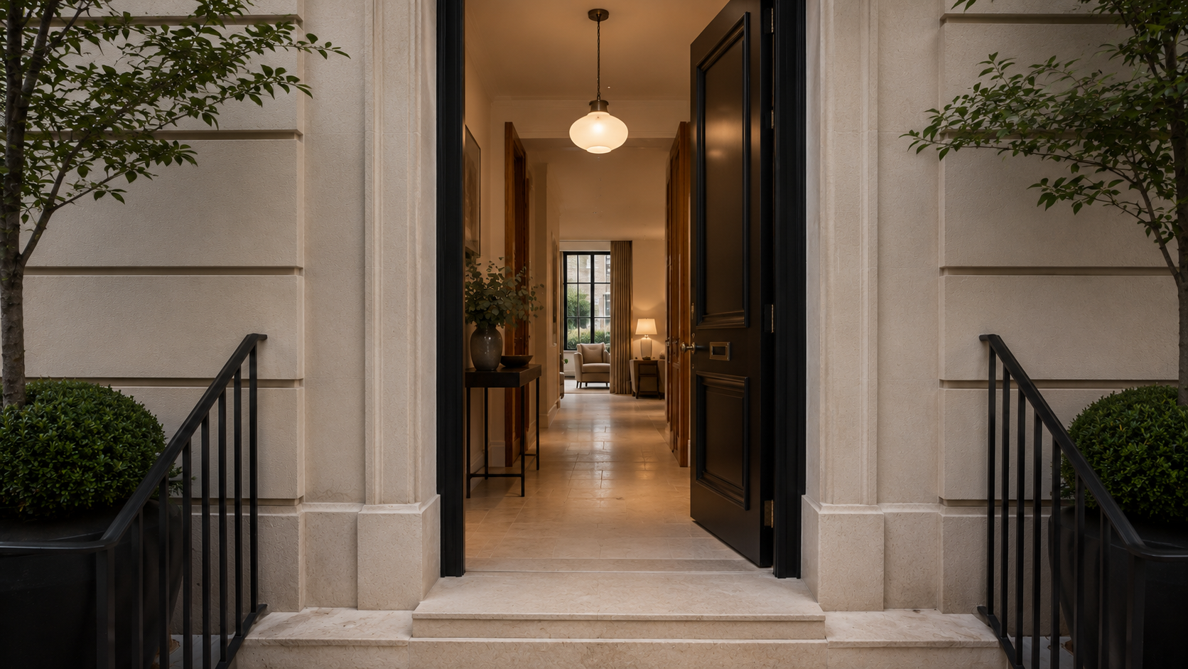 Contemporary London townhouse entrance showing a welcoming hallway with a pendant light and a professionally planned lighting scheme extending through the home.
