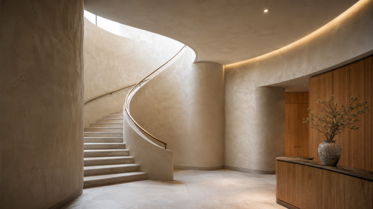Curved lime plaster walls illuminated by concealed lighting and clerestory daylight in a contemporary boutique hotel stair hall.