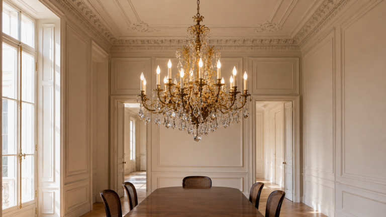 Maison Baguès style French decorative crystal and gilt-bronze chandelier suspended in an elegant historic interior with classical wall panelling and luxury furnishings.