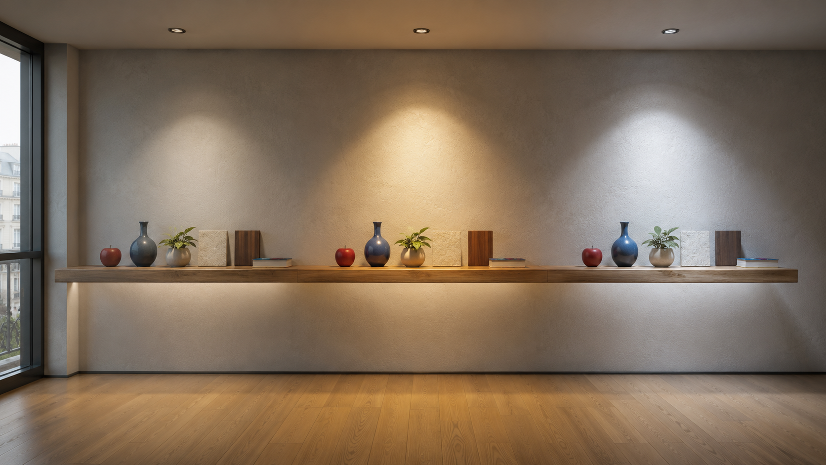 Comparison of CRI, colour temperature and lumens using three identical spotlights illuminating natural materials including timber, limestone, plants and artwork in a contemporary interior.