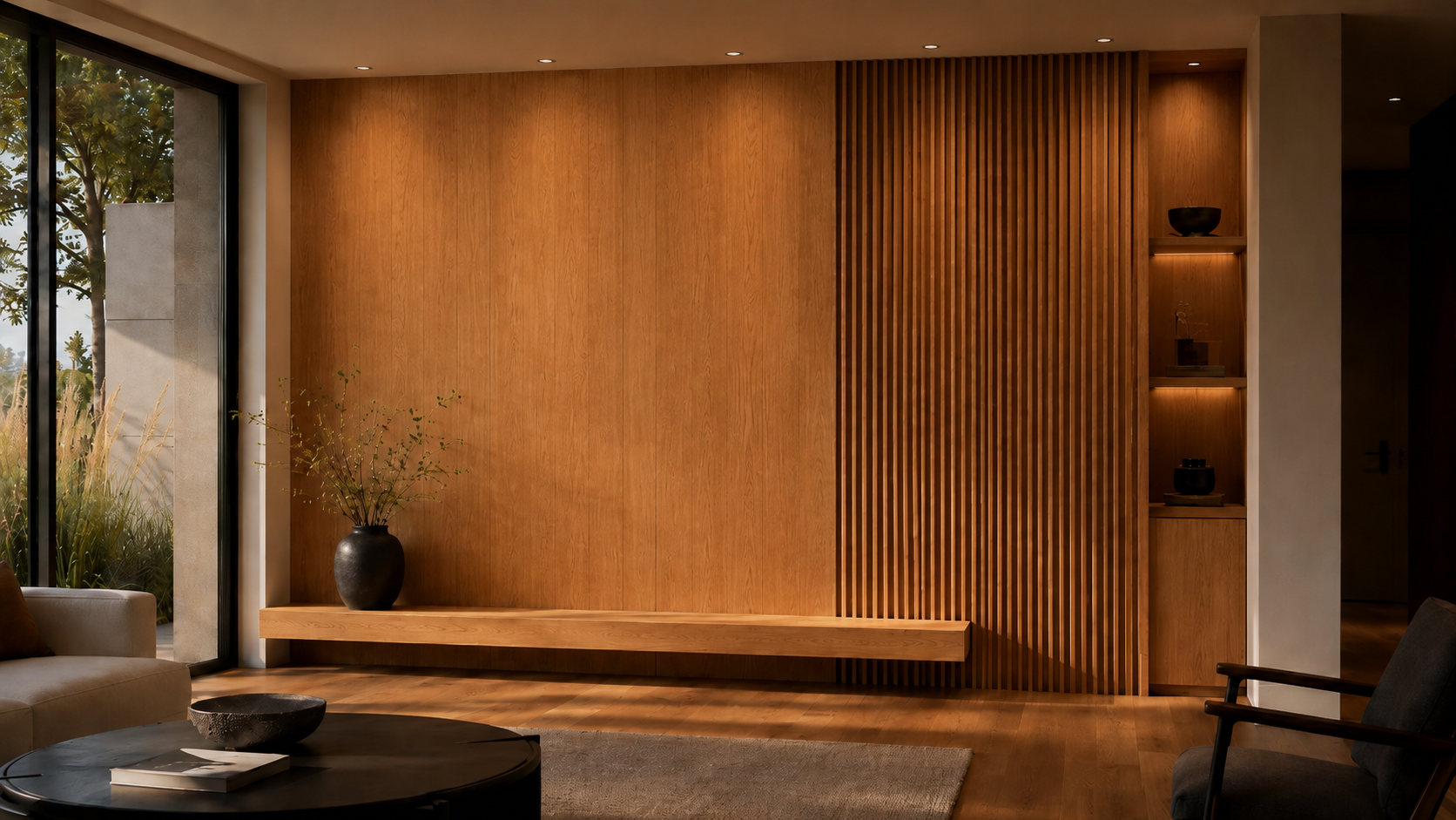 Warm architectural lighting revealing the grain of smooth oak panelling and the depth of vertical timber slats.