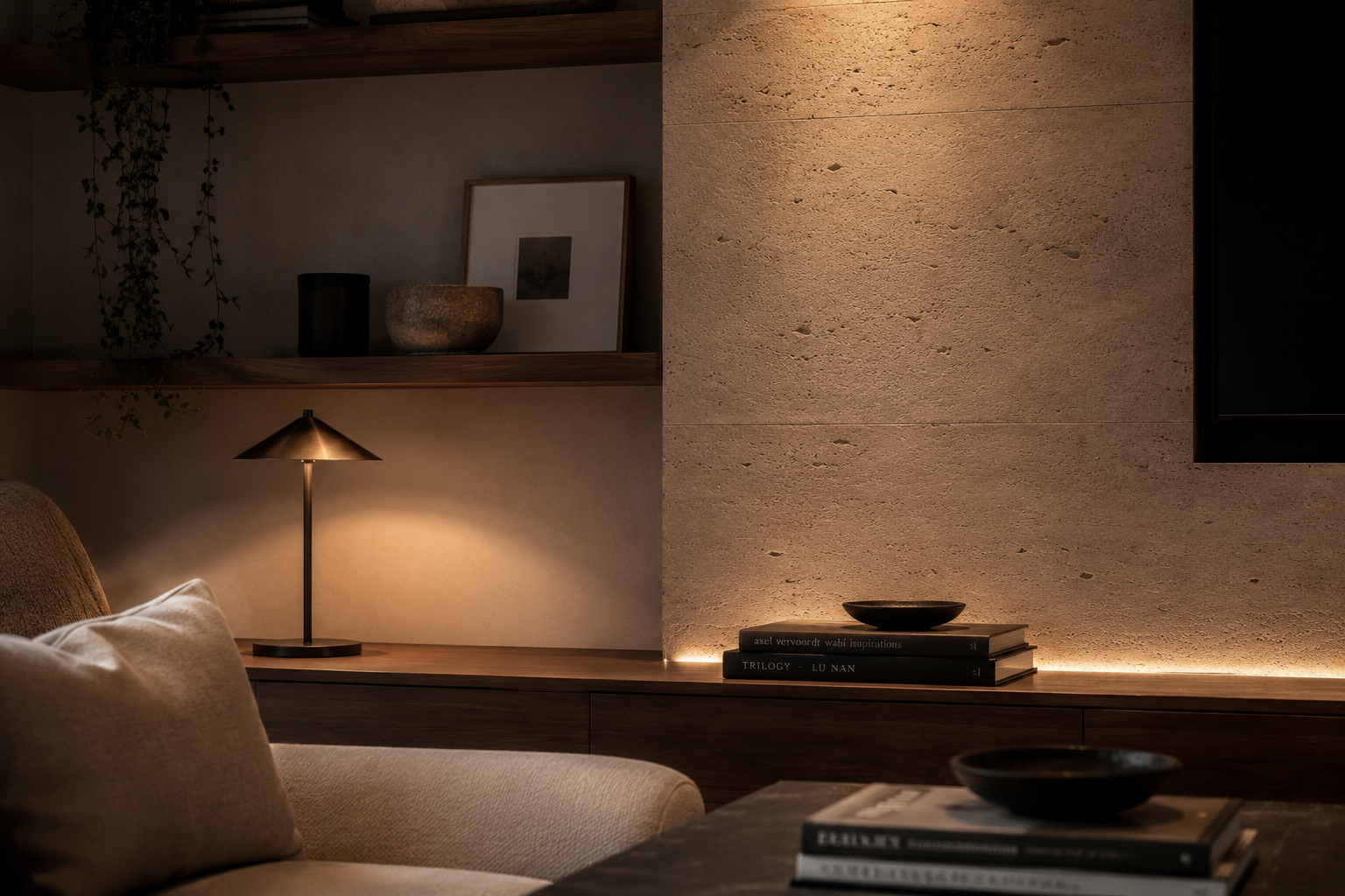 Close-up of a contemporary living room showing a thoughtfully planned lighting layout with wall washing, shelving lighting and layered ambient lighting.
