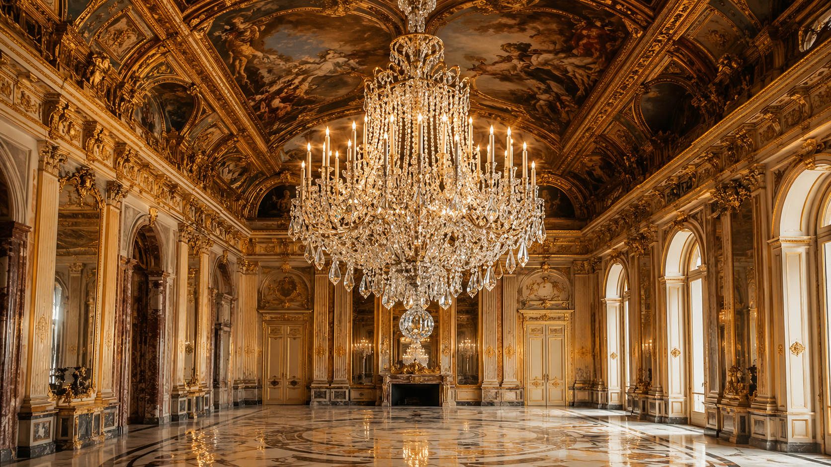 Baccarat crystal chandelier suspended inside an ornate French palace with gilded architecture, painted ceilings and marble flooring.