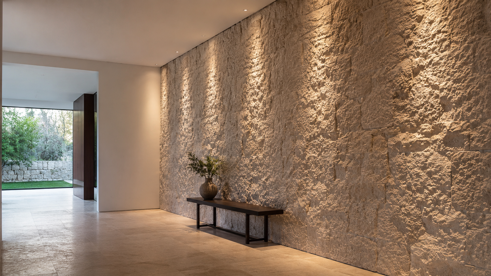 Recessed wall-grazing luminaires revealing the texture of a full-height limestone wall in a contemporary interior.