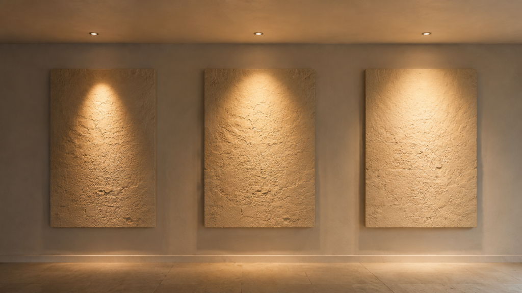 Three identical textured panels illuminated with narrow, medium and wide recessed downlight beam angles.