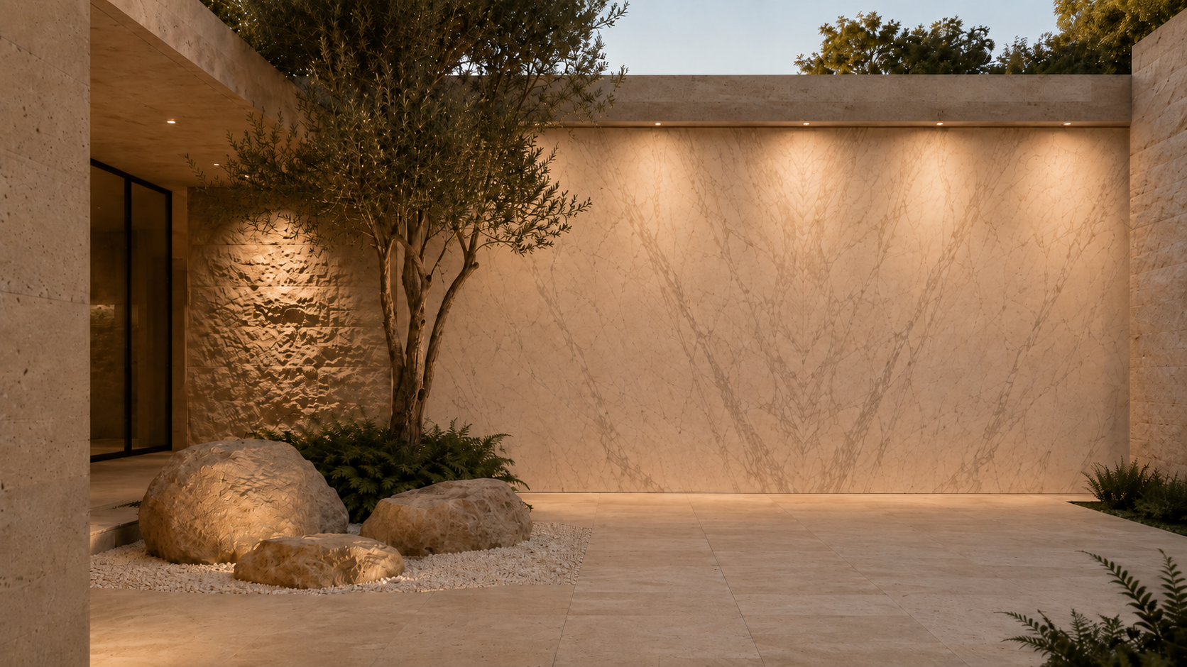 Marble, textured limestone and natural boulders revealed through architectural lighting in a private courtyard.