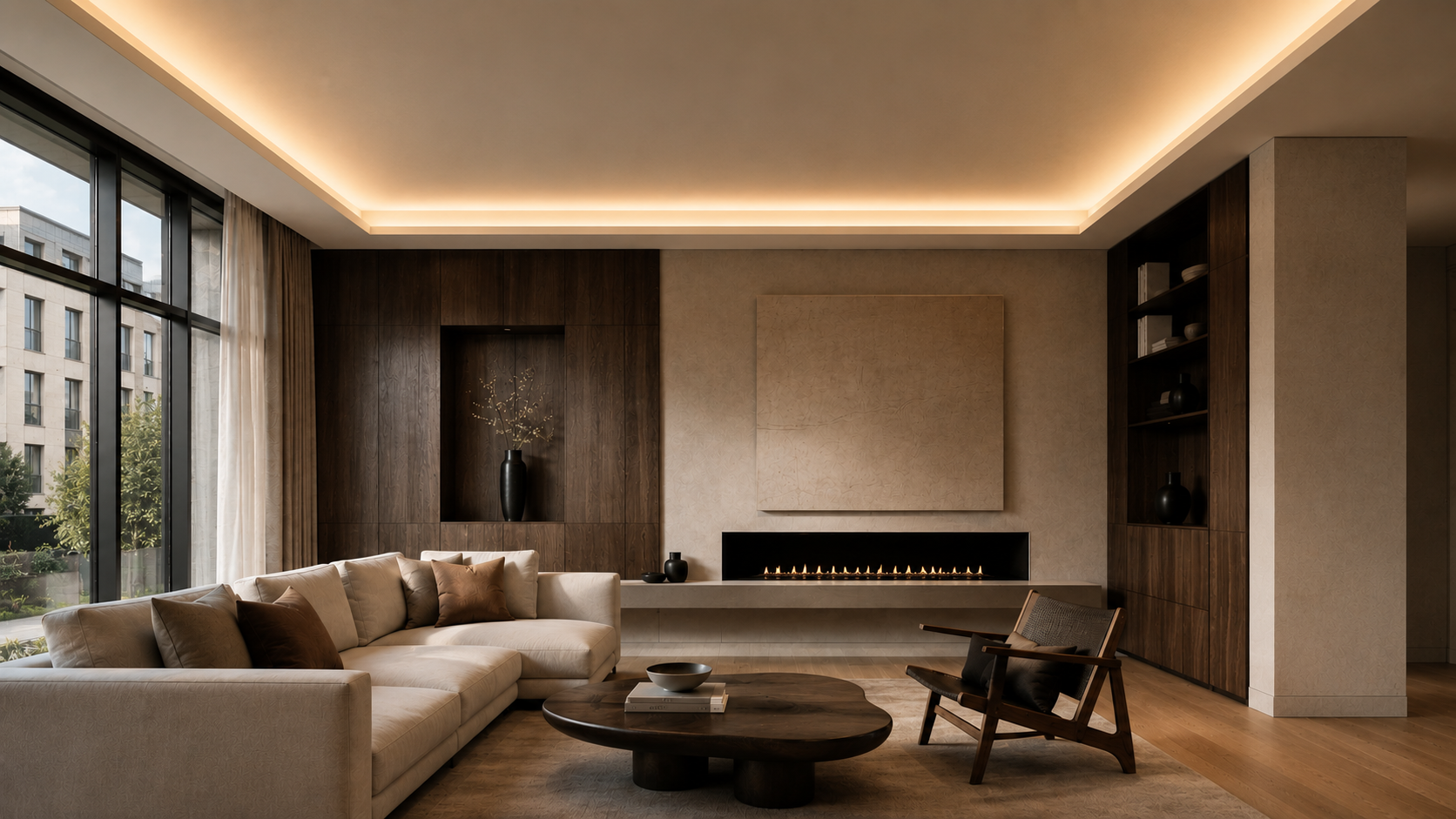 Contemporary living room featuring a floating ceiling with concealed cove lighting creating soft indirect architectural illumination.